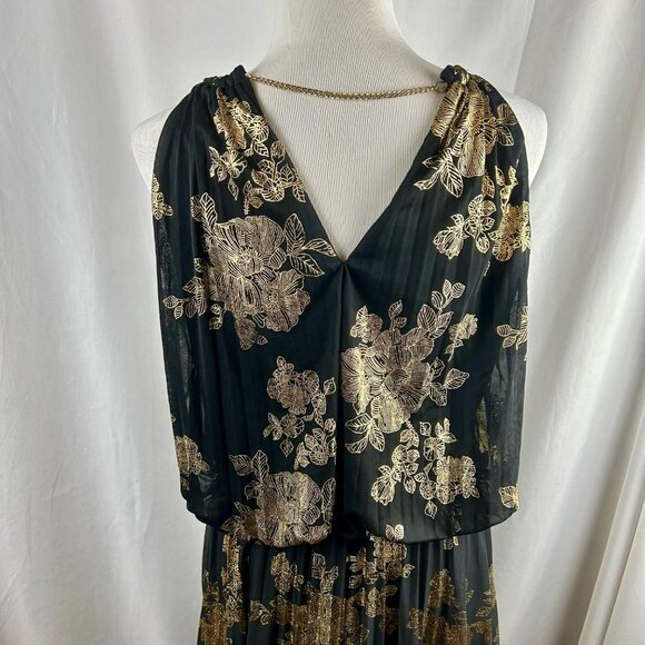 MSK Pleated Gold Print Maxi Dress Women 16 Black Metallic Floral Event Wedding - Picture 14 of 15